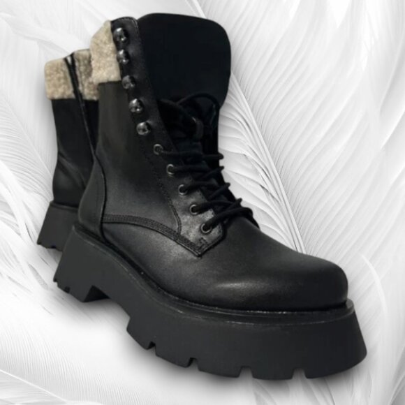 New Women’s Black Faux Leather Combat Boots with Shearling Lining Size: 6 - Picture 4 of 7